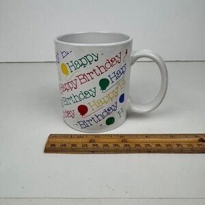 Vtg Ceramic White Mug Rainbow Happy Birthday Balloons Retro Colorful READ DAMAGE